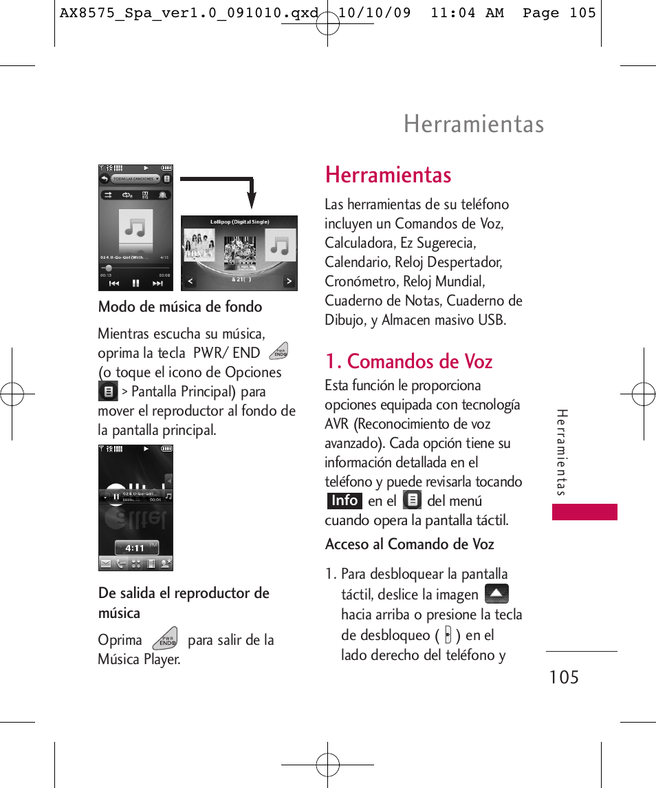 Herramientas, Comandos de voz | LG LGAX8575 User Manual | Page 289 / 381