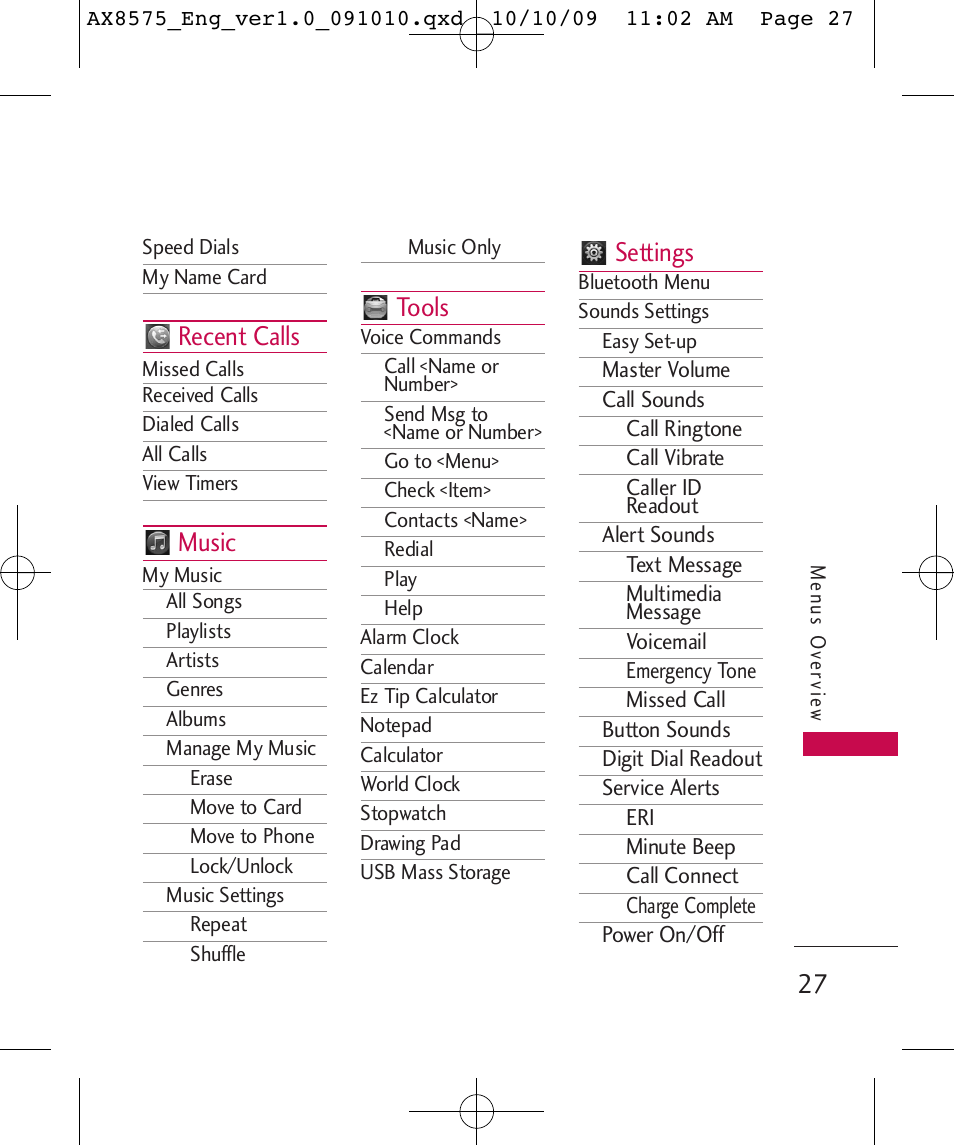 Recent calls, Music, Tools | Settings | LG LGAX8575 User Manual | Page 29 / 381