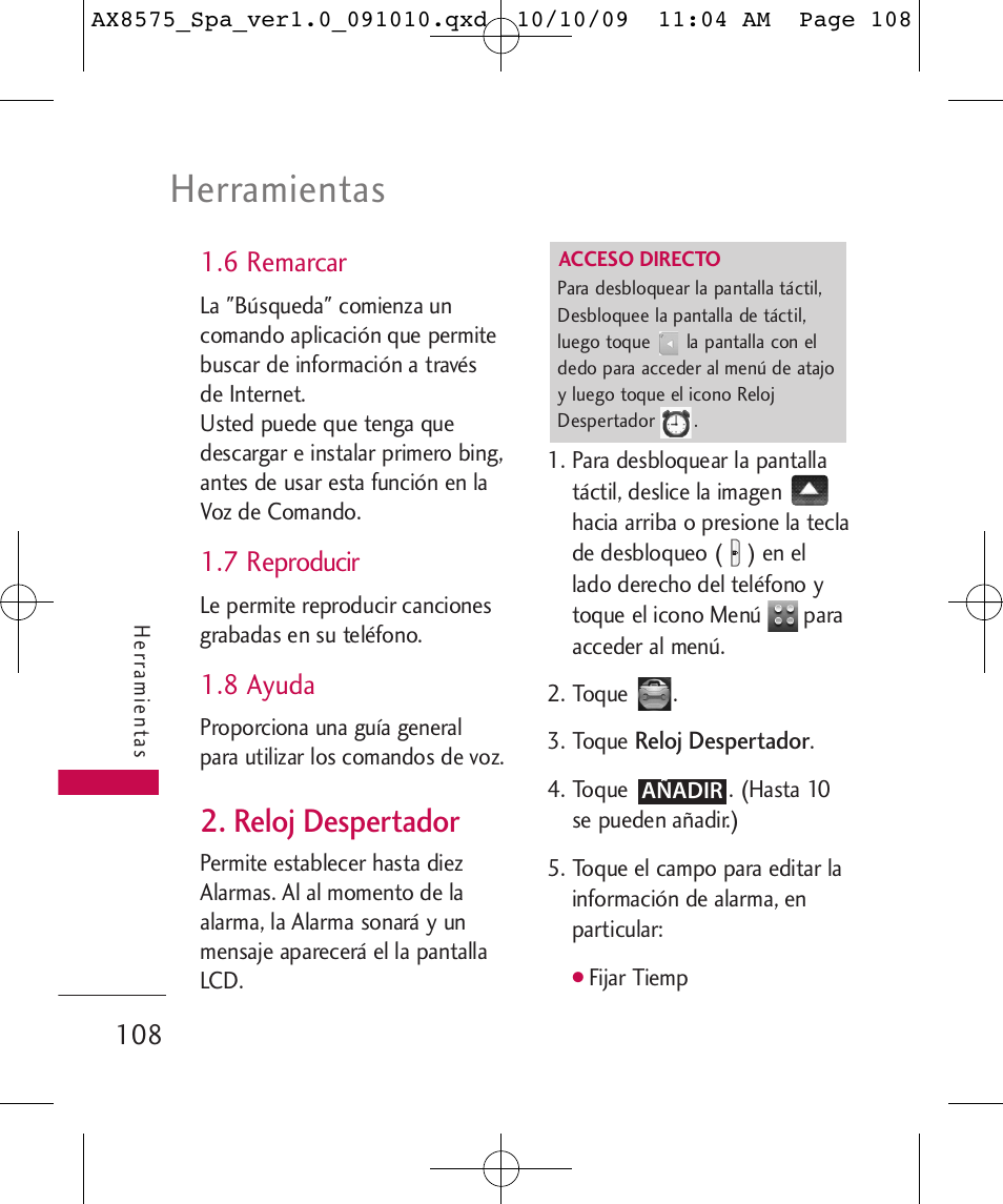 Herramientas, Reloj despertador, 6 remarcar | 7 reproducir, 8 ayuda | LG LGAX8575 User Manual | Page 292 / 381