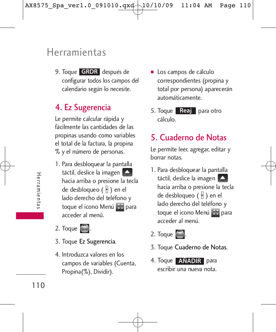 Herramientas, Ez sugerencia, Cuaderno de notas | LG LGAX8575 User Manual | Page 294 / 381