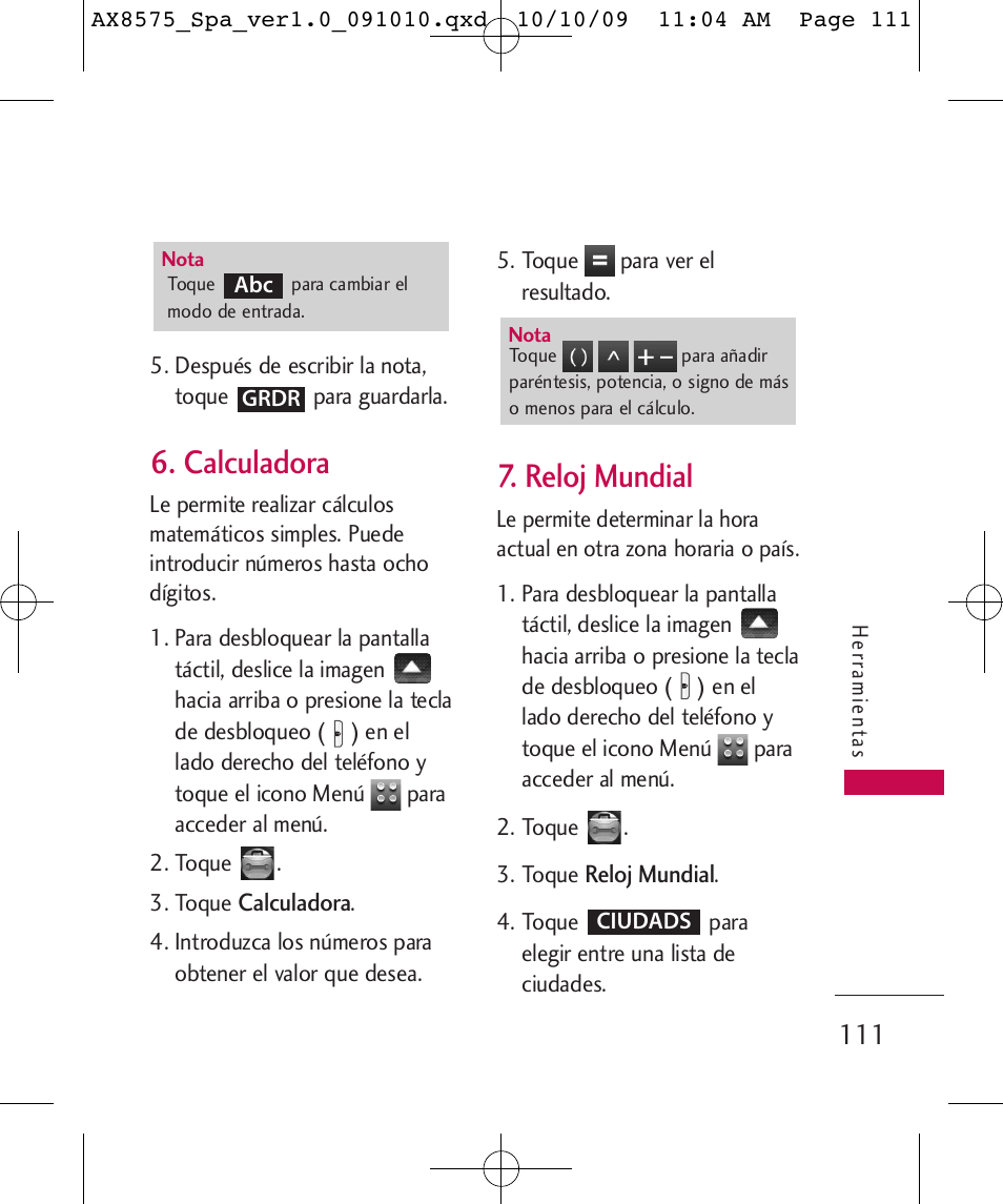 Calculadora, Reloj mundial | LG LGAX8575 User Manual | Page 295 / 381