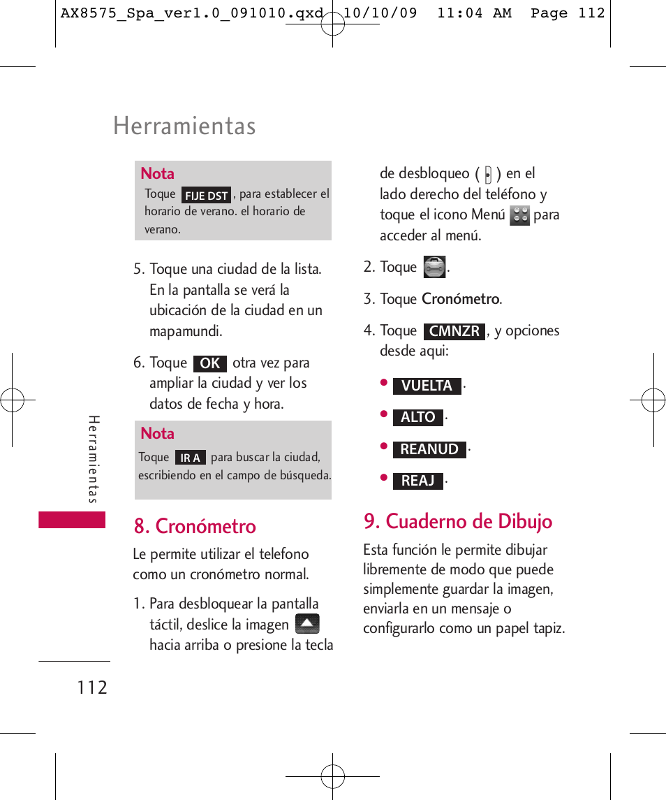 Herramientas, Cronómetro, Cuaderno de dibujo | LG LGAX8575 User Manual | Page 296 / 381