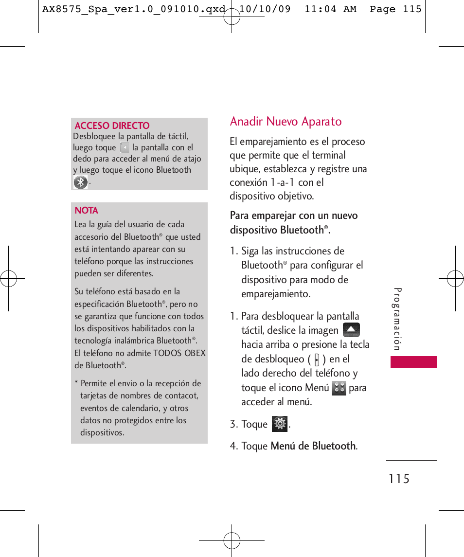 Anadir nuevo aparato, Para emparejar con un nuevo dispositivo bluetooth, Menú de bluetooth | LG LGAX8575 User Manual | Page 299 / 381