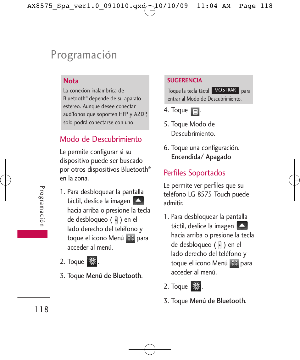 Programación, Modo de descubrimiento, Perfiles soportados | LG LGAX8575 User Manual | Page 302 / 381