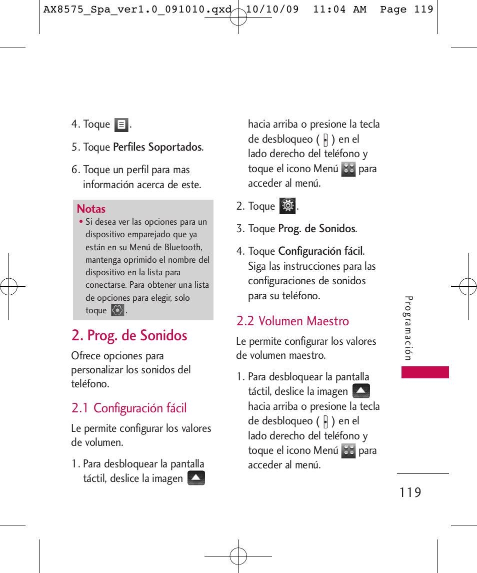 Prog. de sonidos, 1 configuración fácil, 2 volumen maestro | LG LGAX8575 User Manual | Page 303 / 381