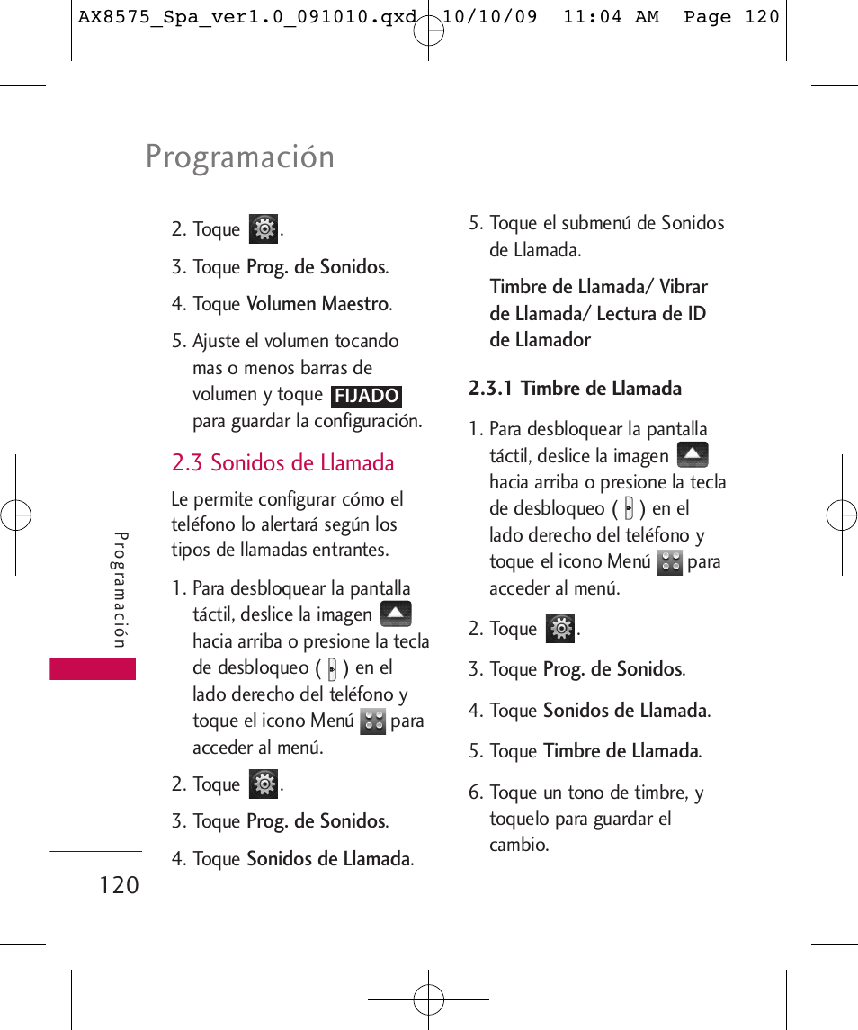 Programación, 3 sonidos de llamada | LG LGAX8575 User Manual | Page 304 / 381