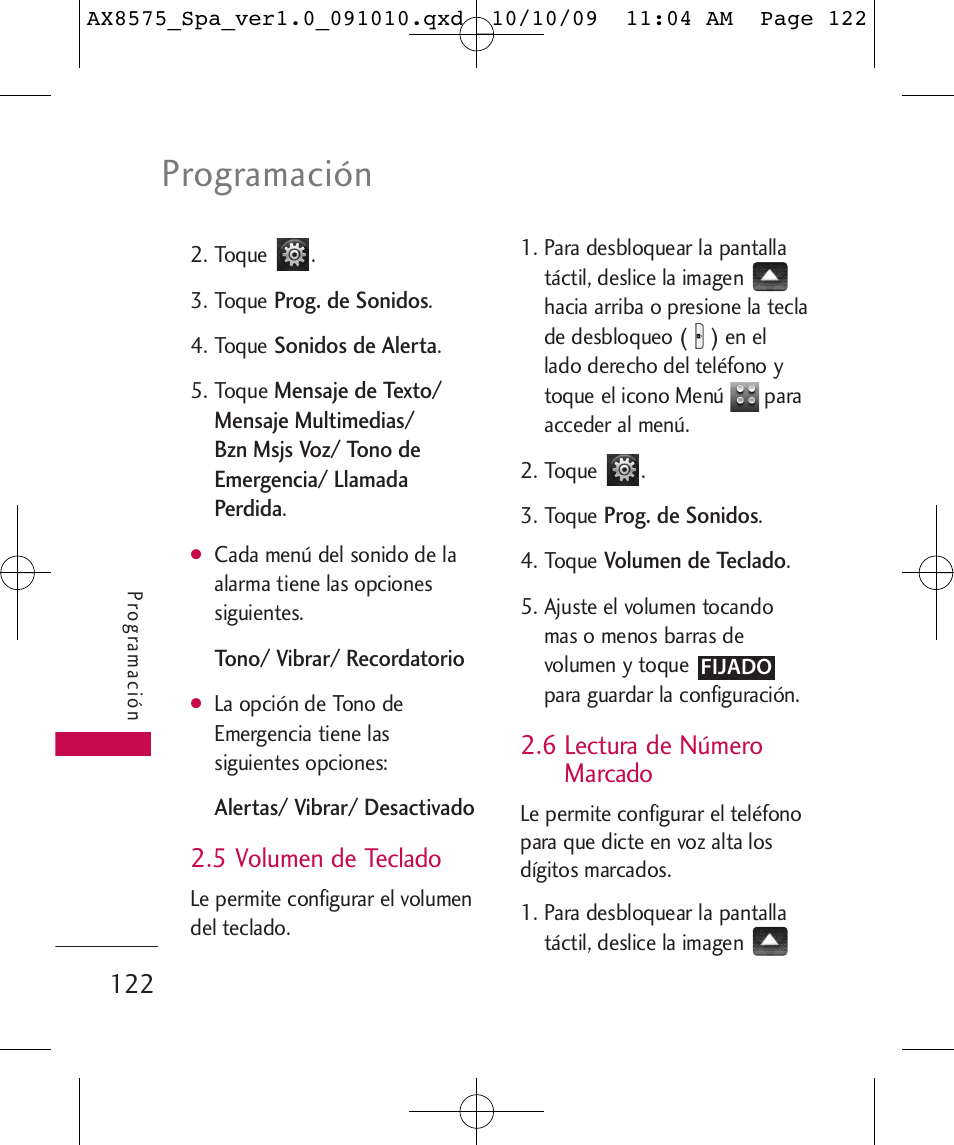 Programación, 5 volumen de teclado, 6 lectura de número marcado | LG LGAX8575 User Manual | Page 306 / 381