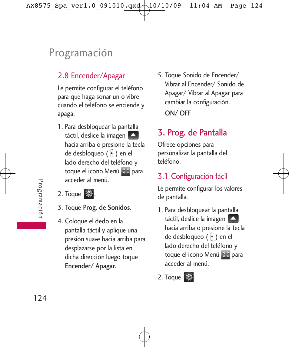 Programación, Prog. de pantalla, 8 encender/apagar | 1 configuración fácil | LG LGAX8575 User Manual | Page 308 / 381