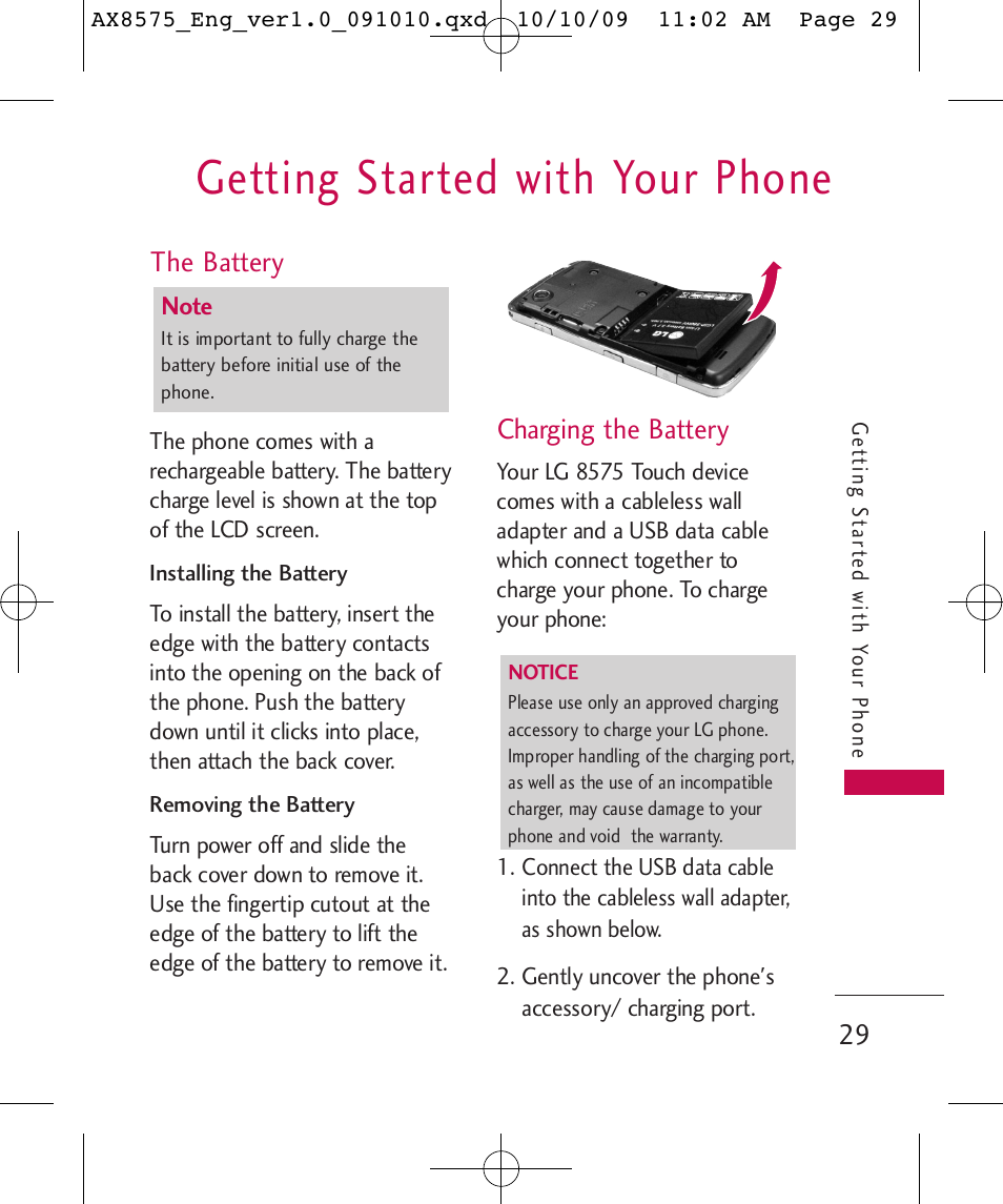 Getting started with your phone, The battery, Charging the battery | LG LGAX8575 User Manual | Page 31 / 381