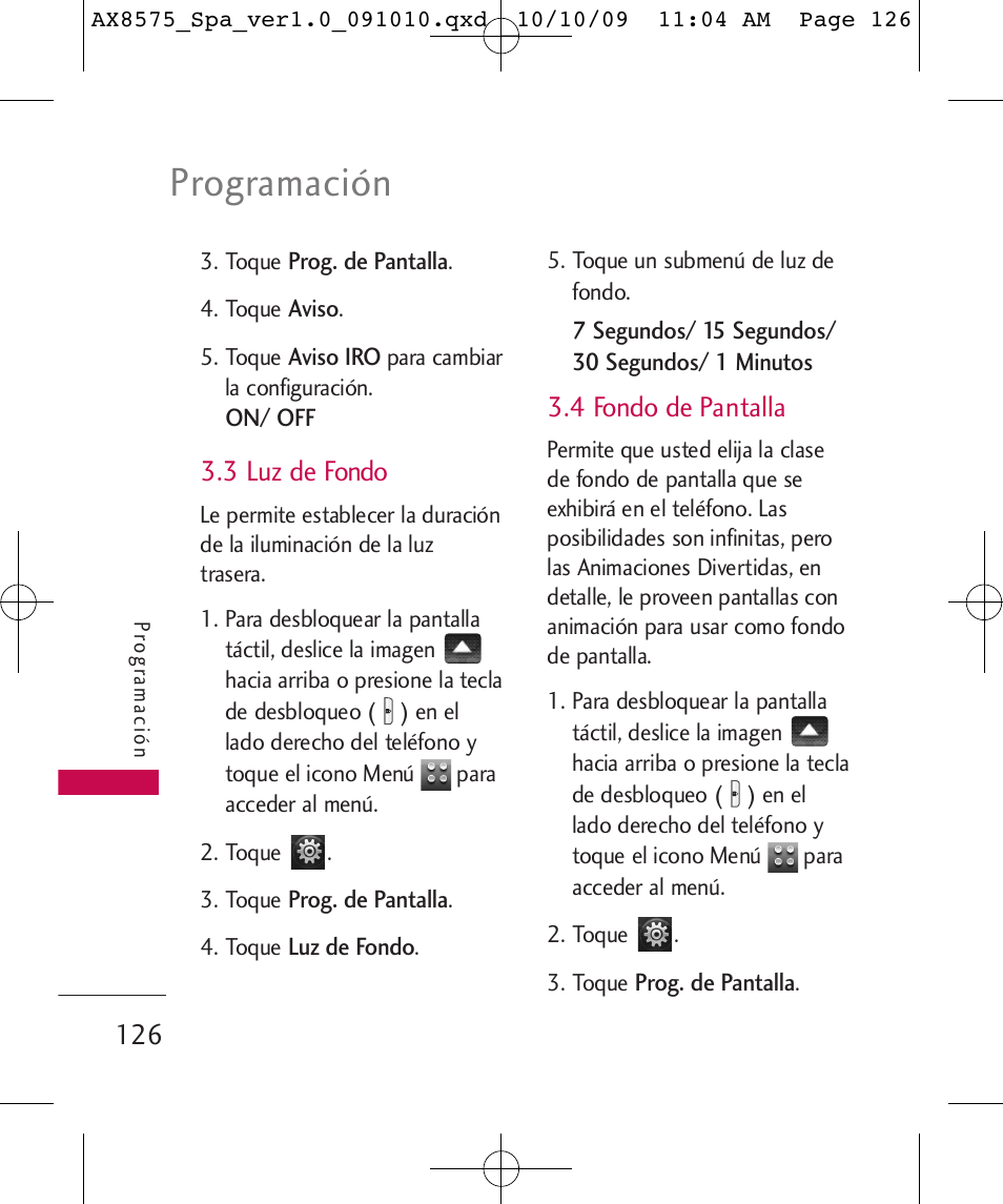 Programación, 3 luz de fondo, 4 fondo de pantalla | LG LGAX8575 User Manual | Page 310 / 381