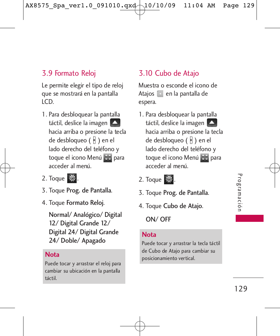 9 formato reloj, 10 cubo de atajo | LG LGAX8575 User Manual | Page 313 / 381