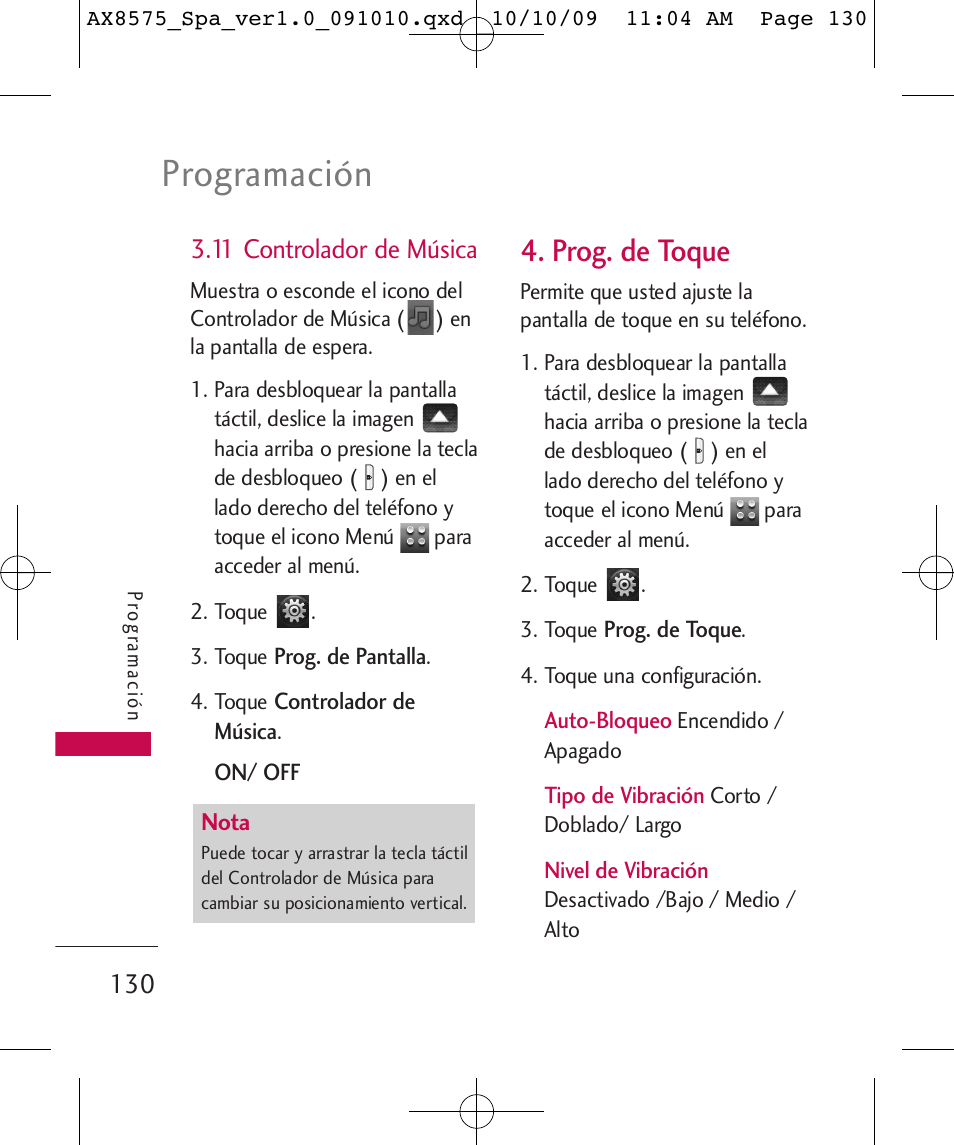 Programación, Prog. de toque, 11 controlador de música | LG LGAX8575 User Manual | Page 314 / 381