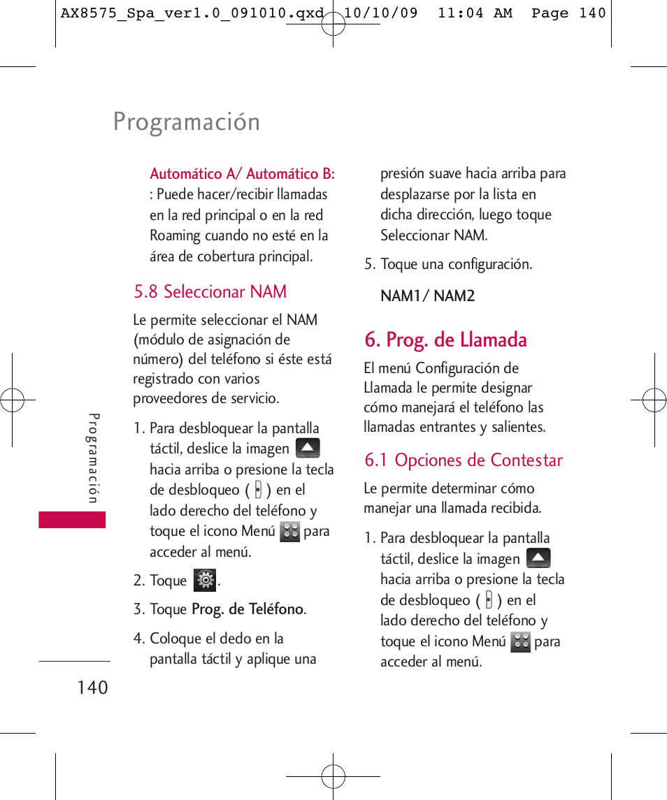 Programación, Prog. de llamada, 8 seleccionar nam | 1 opciones de contestar | LG LGAX8575 User Manual | Page 324 / 381