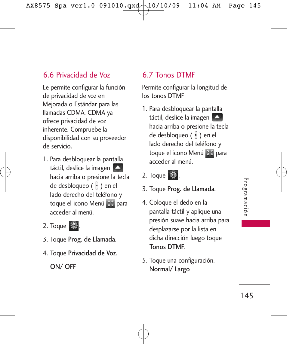 6 privacidad de voz, 7 tonos dtmf | LG LGAX8575 User Manual | Page 329 / 381