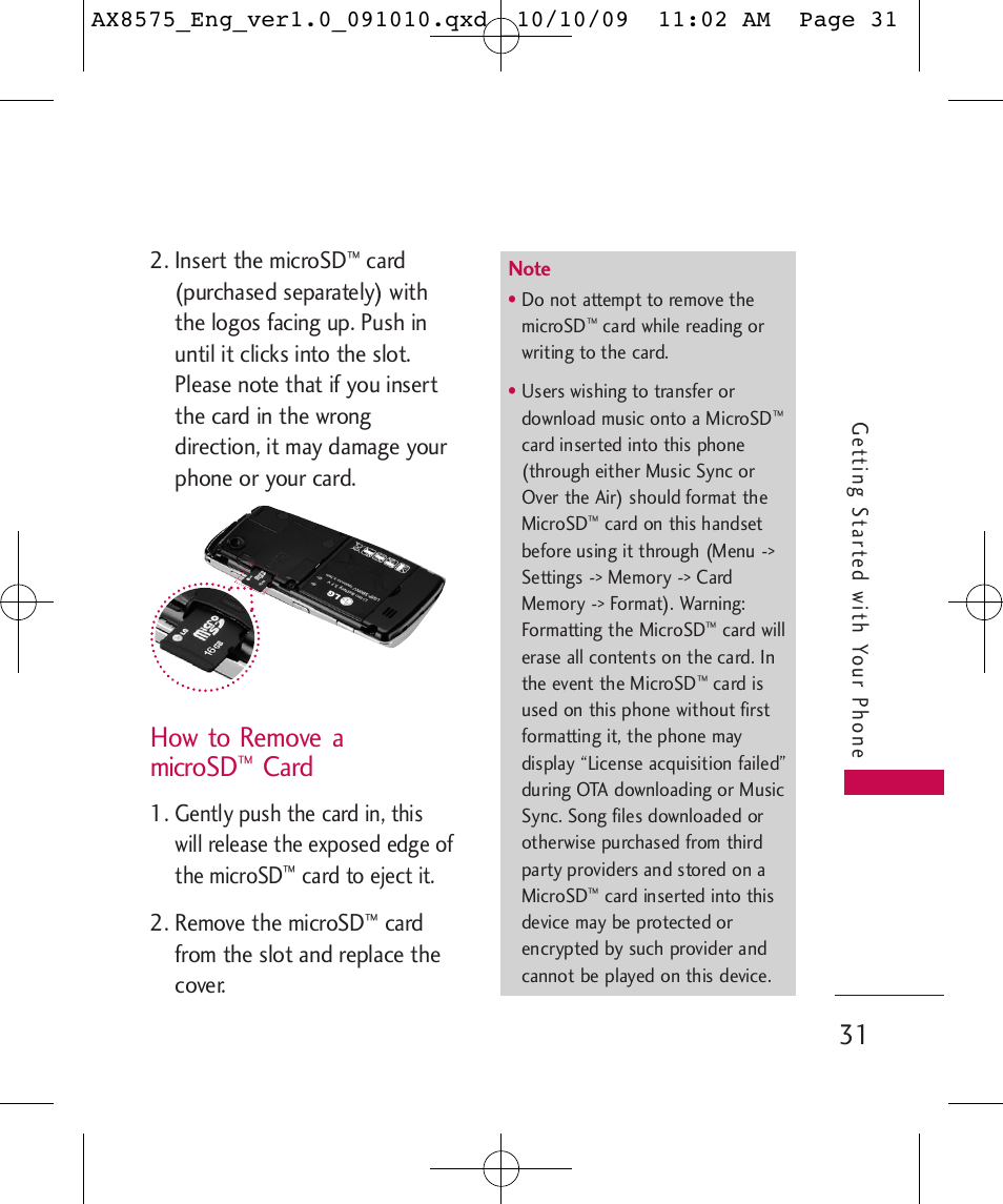 How to remove a microsd, Card, Insert the microsd | Card to eject it. 2. remove the microsd, Card from the slot and replace the cover | LG LGAX8575 User Manual | Page 33 / 381