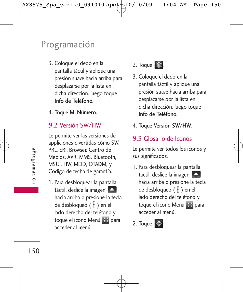 Programación, 2 versión sw/hw, 3 glosario de iconos | LG LGAX8575 User Manual | Page 334 / 381