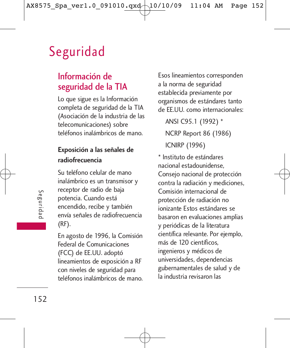 Seguridad, Información de seguridad de la tia | LG LGAX8575 User Manual | Page 336 / 381