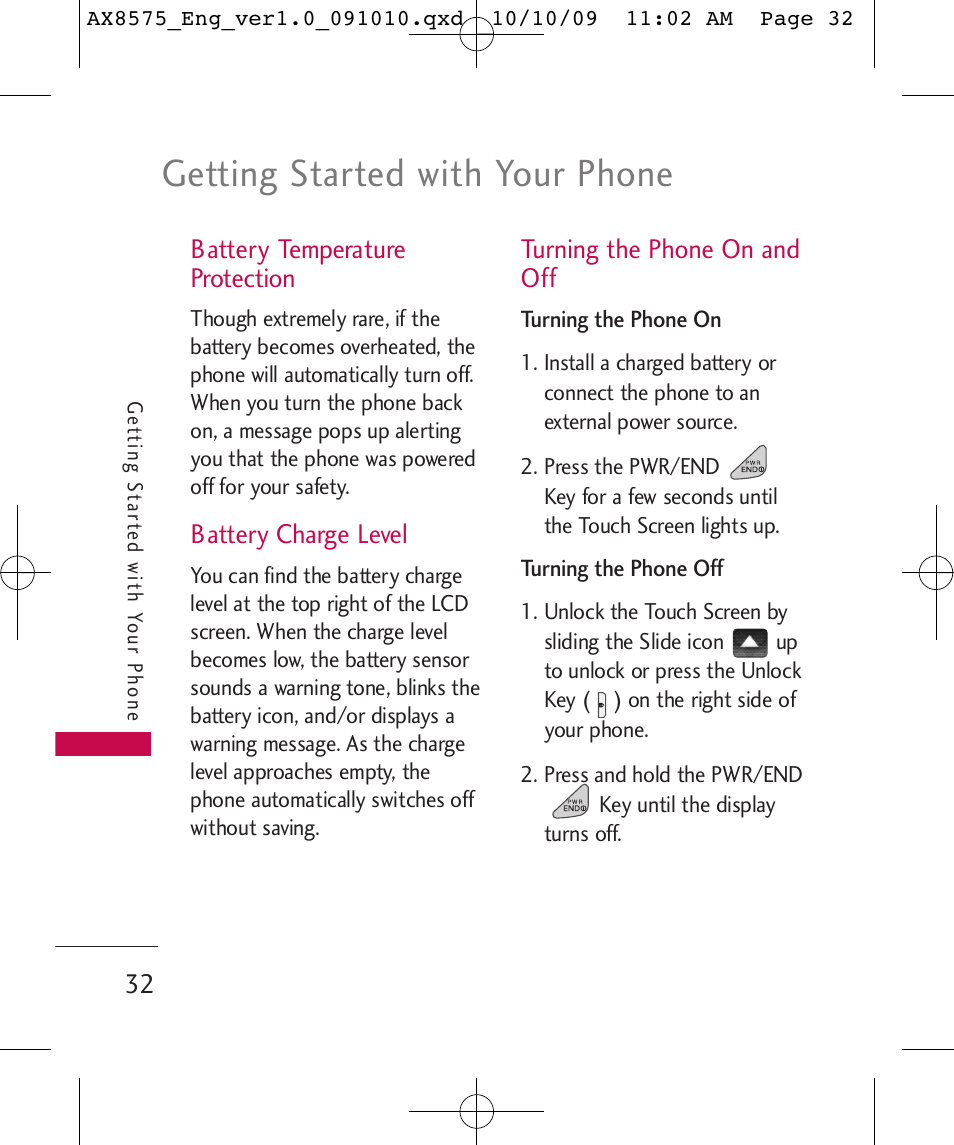 Getting started with your phone, Battery temperature protection, Battery charge level | Turning the phone on and off | LG LGAX8575 User Manual | Page 34 / 381