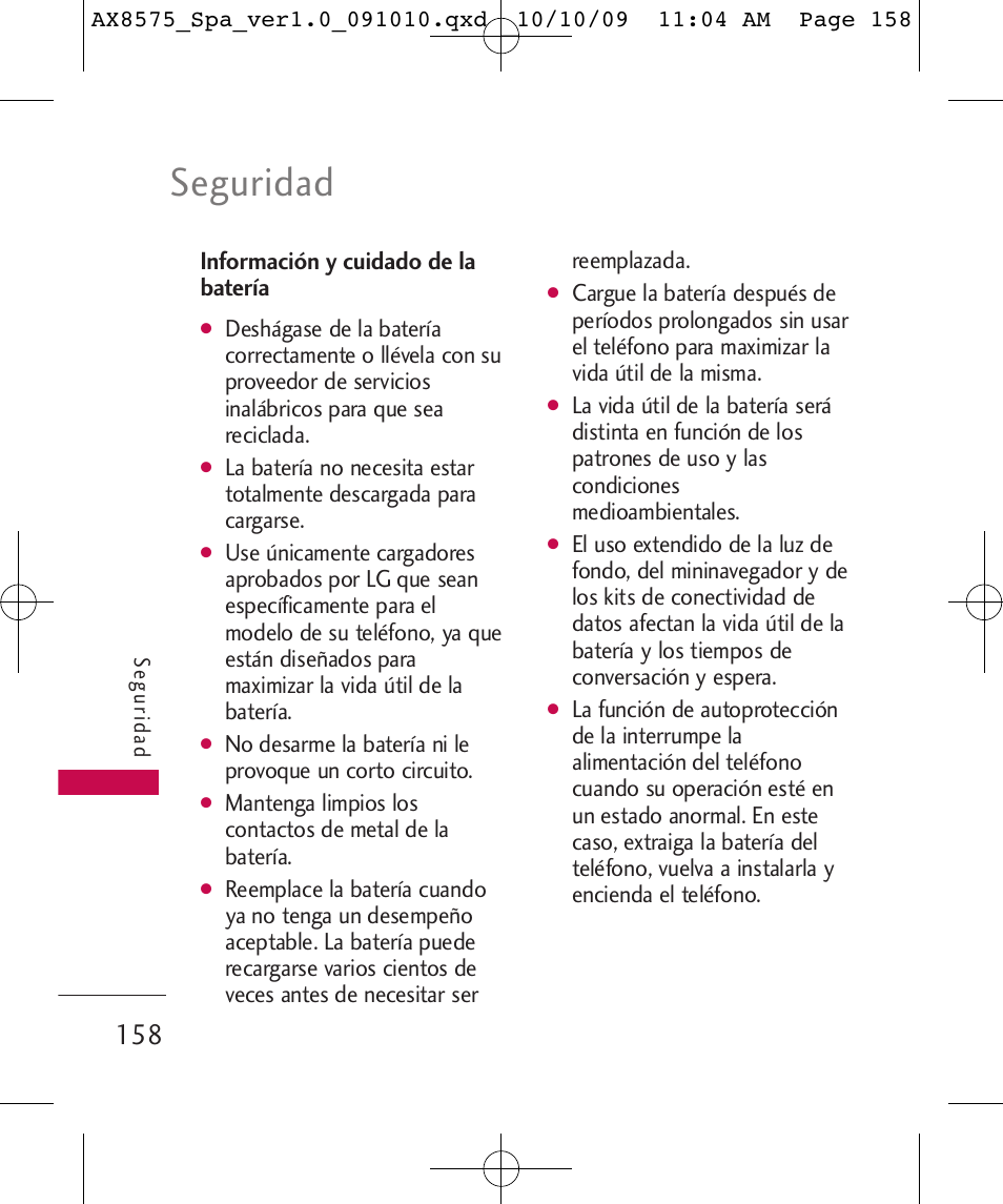 Seguridad, Información y cuidado de la batería | LG LGAX8575 User Manual | Page 342 / 381