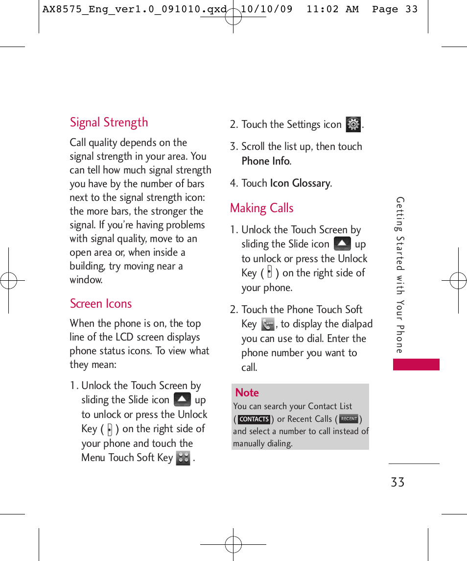 Signal strength, Screen icons, Making calls | LG LGAX8575 User Manual | Page 35 / 381