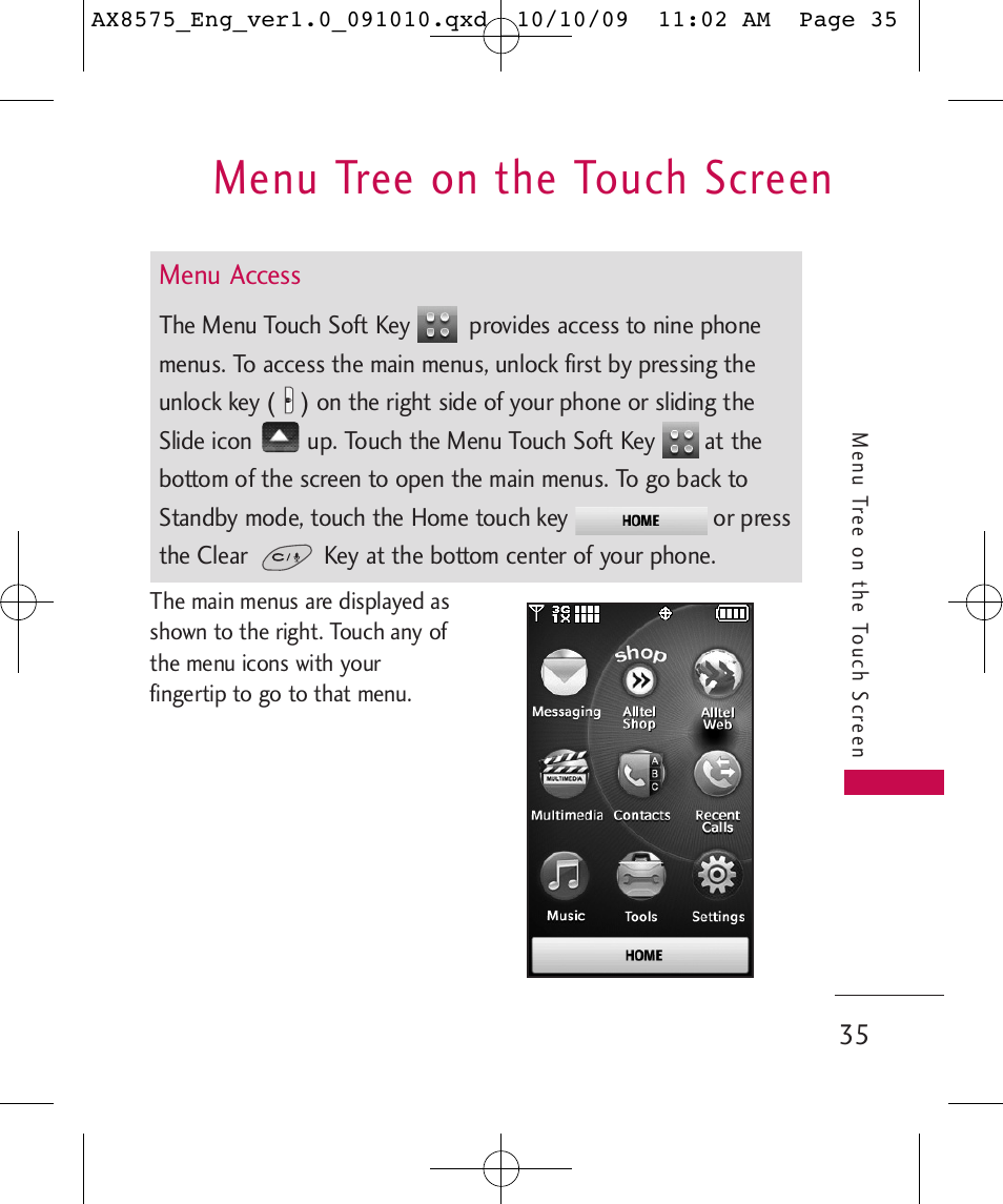 Menu tree on the touch screen | LG LGAX8575 User Manual | Page 37 / 381