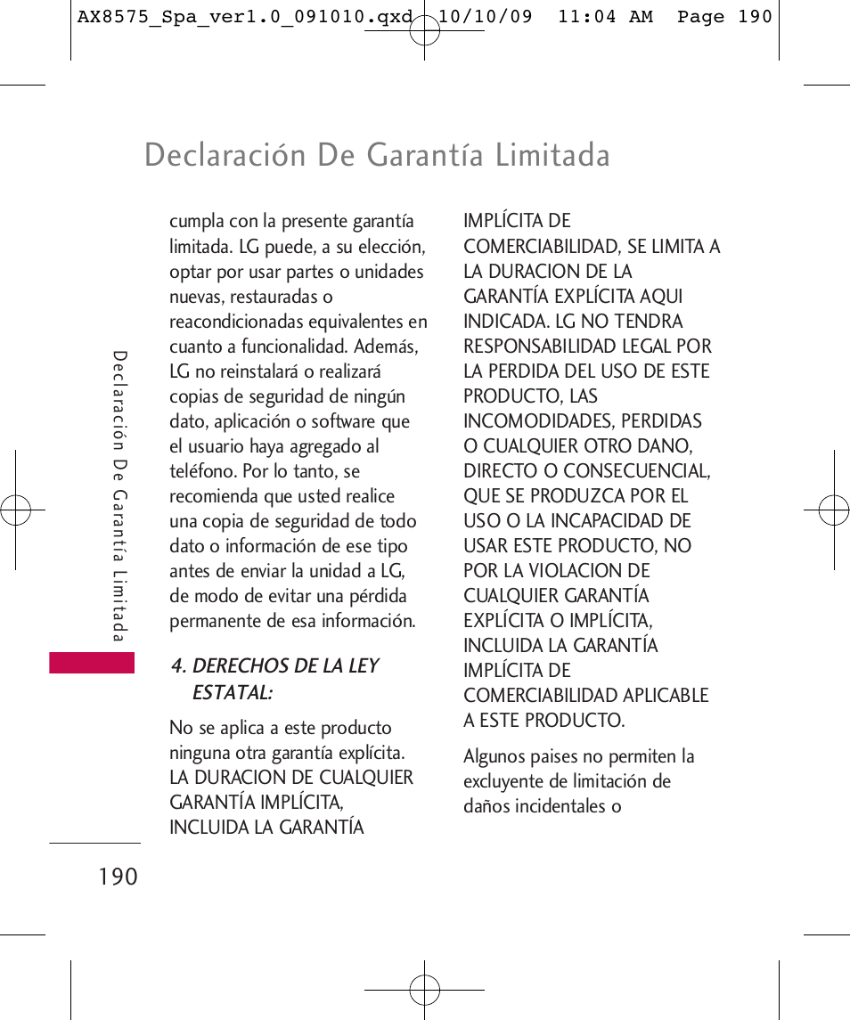 Declaración de garantía limitada | LG LGAX8575 User Manual | Page 374 / 381