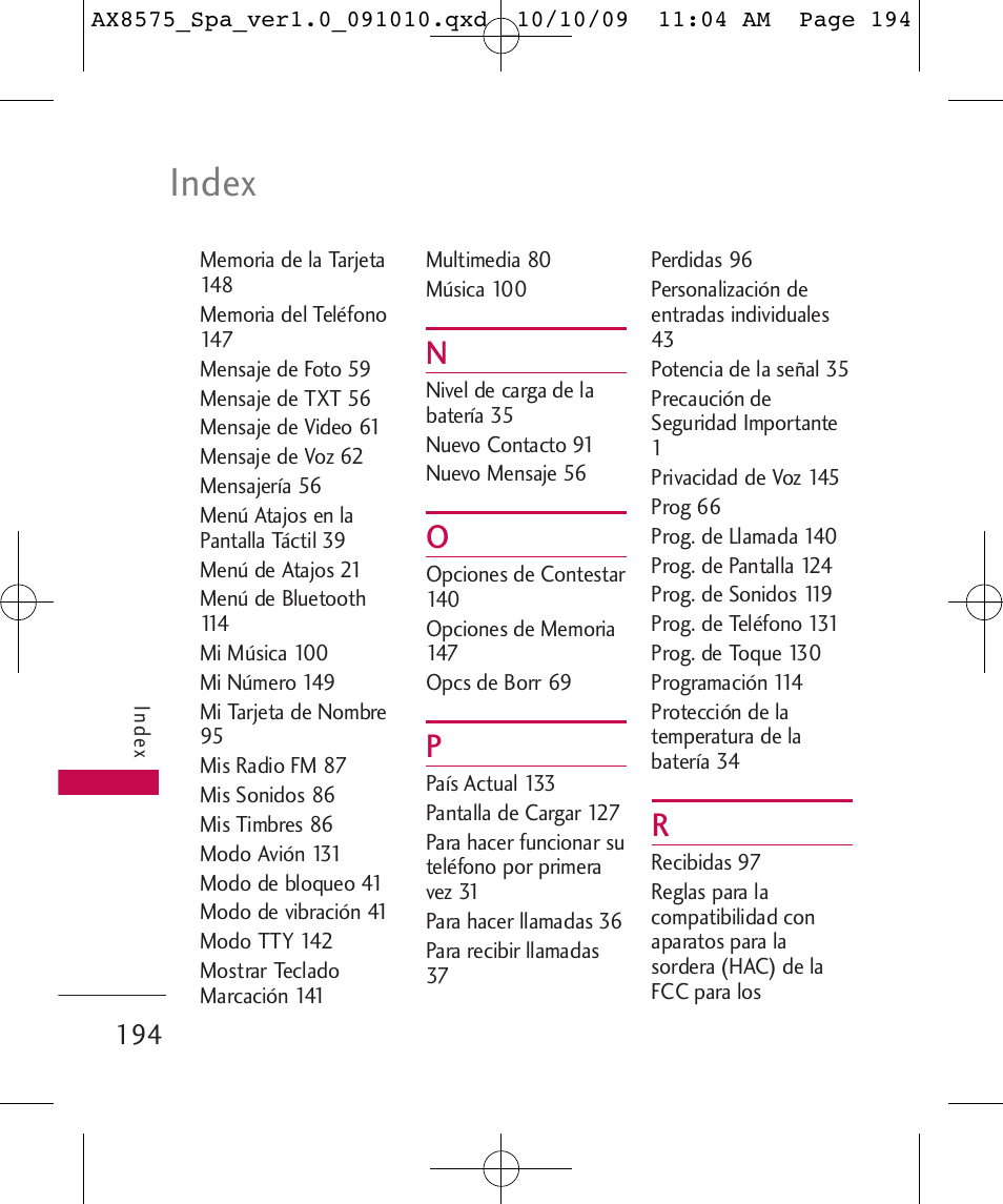 Index | LG LGAX8575 User Manual | Page 378 / 381