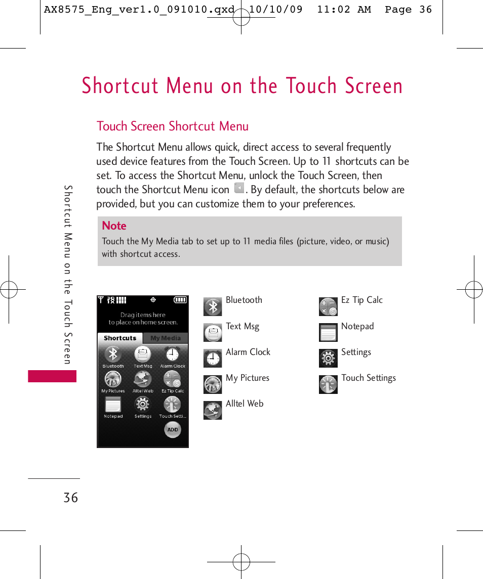 Shortcut menu on the touch screen, Touch screen shortcut menu | LG LGAX8575 User Manual | Page 38 / 381