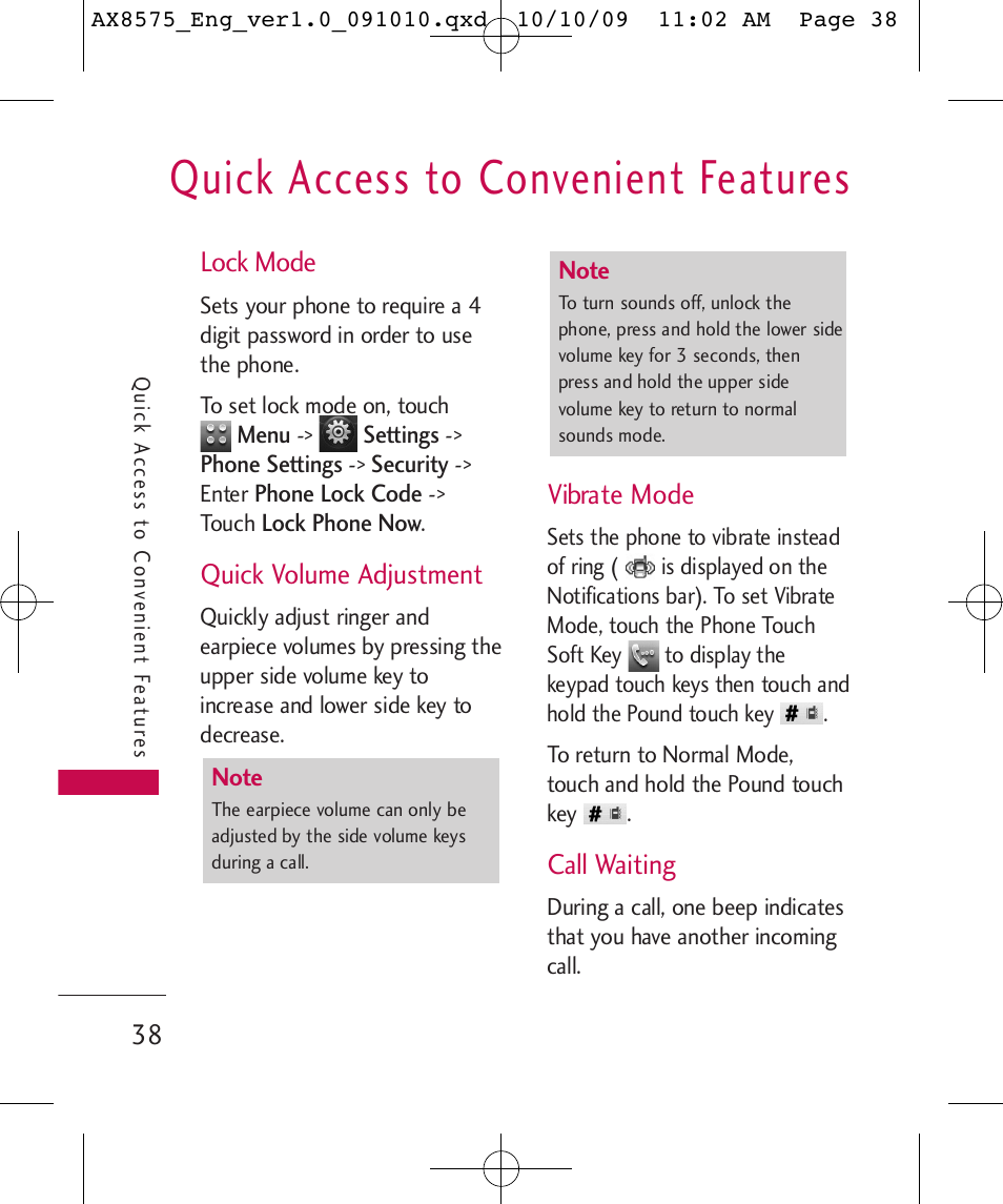 Quick access to convenient features, Lock mode, Quick volume adjustment | Vibrate mode, Call waiting | LG LGAX8575 User Manual | Page 40 / 381