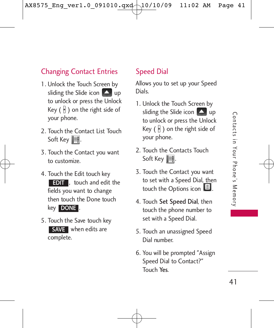 Changing contact entries, Speed dial | LG LGAX8575 User Manual | Page 43 / 381