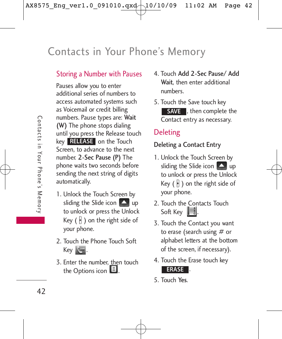 Storing a number with pauses, Deleting | LG LGAX8575 User Manual | Page 44 / 381