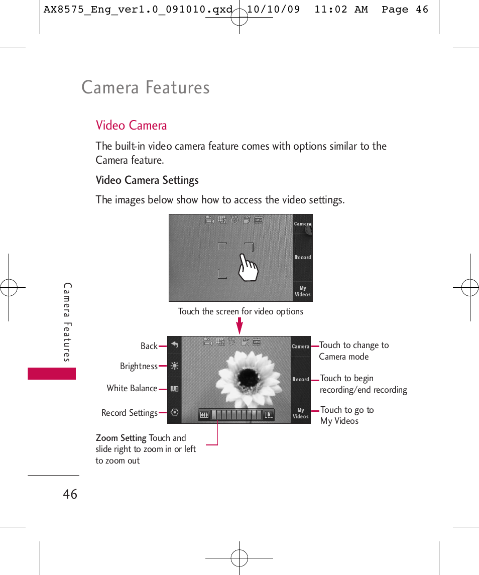 Camera features, Video camera | LG LGAX8575 User Manual | Page 48 / 381