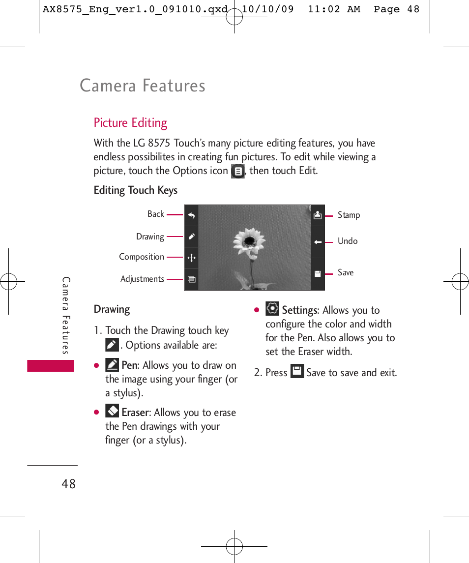 Camera features, Picture editing | LG LGAX8575 User Manual | Page 50 / 381