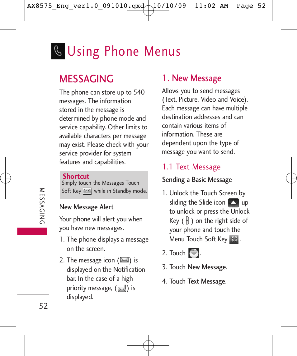 Using phone menus, Messaging, New message | 1 text message | LG LGAX8575 User Manual | Page 54 / 381