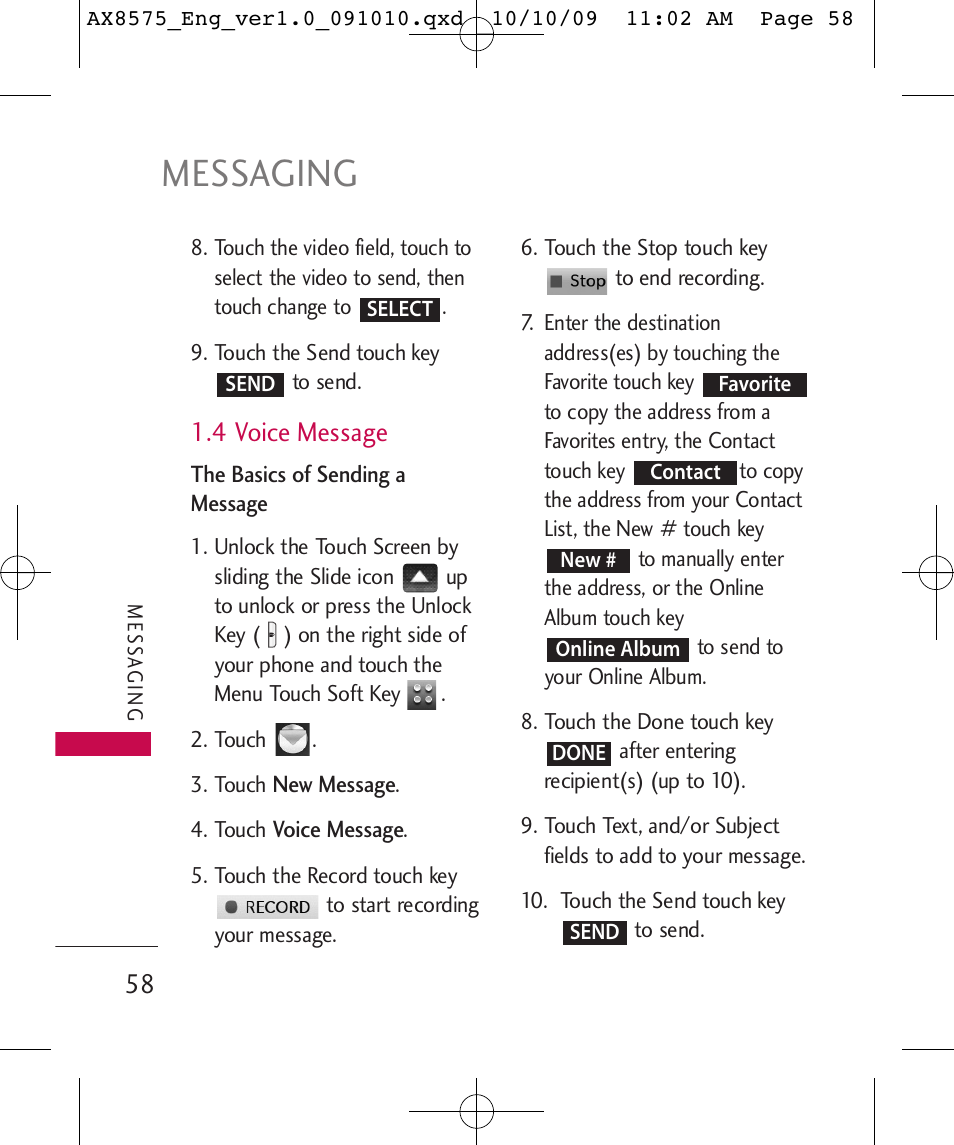 Messaging, 4 voice message | LG LGAX8575 User Manual | Page 60 / 381