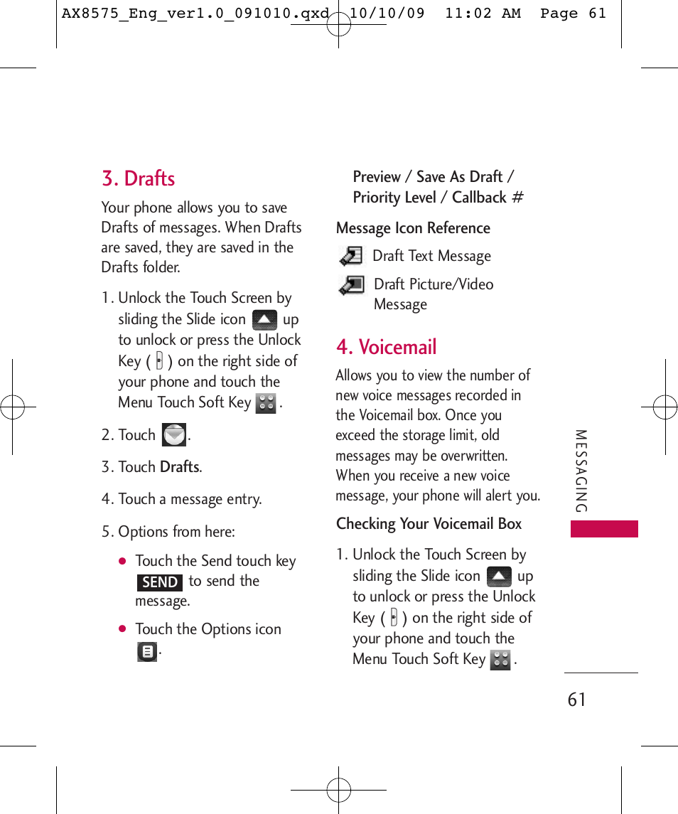 Drafts, Voicemail | LG LGAX8575 User Manual | Page 63 / 381