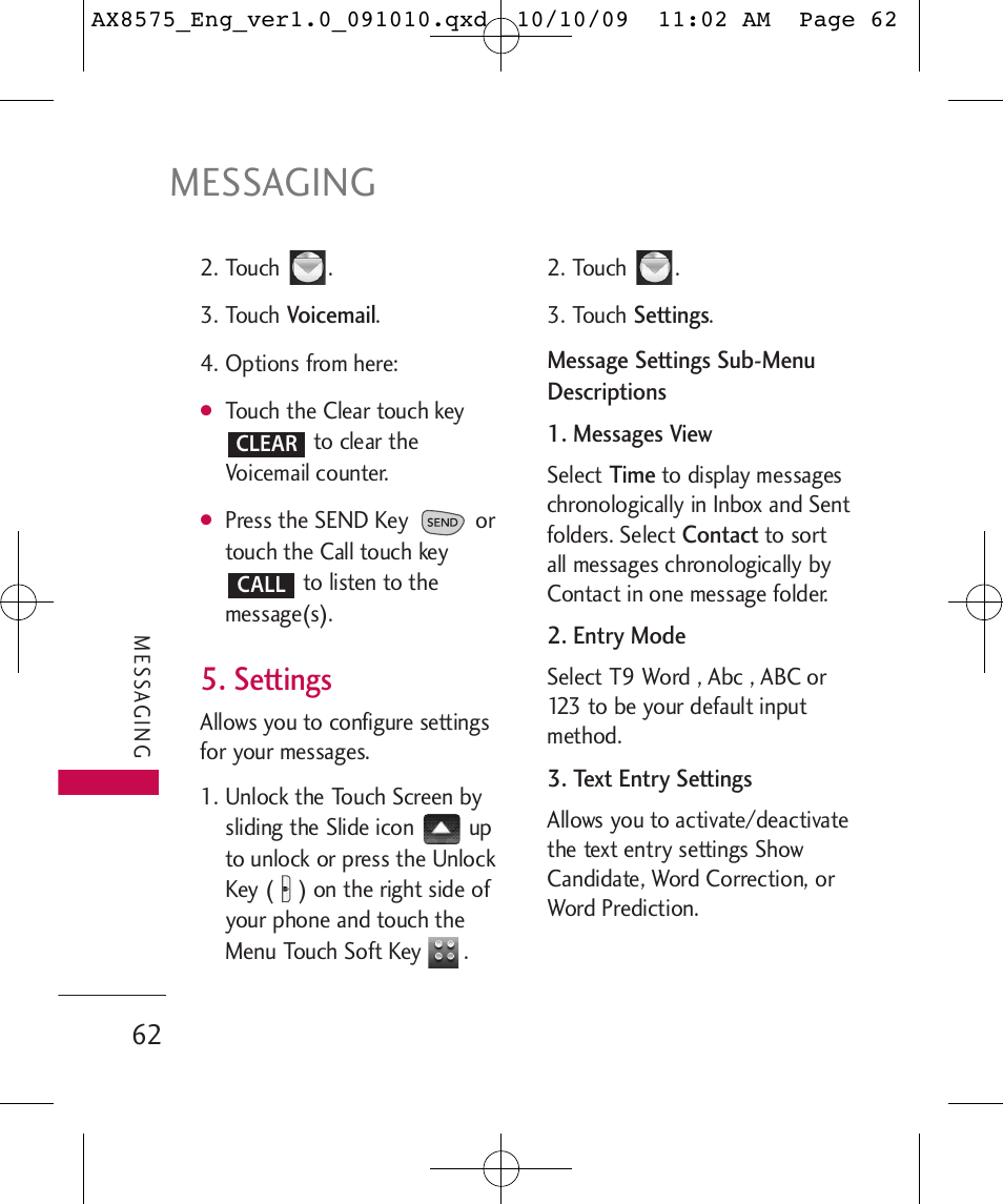 Messaging, Settings | LG LGAX8575 User Manual | Page 64 / 381