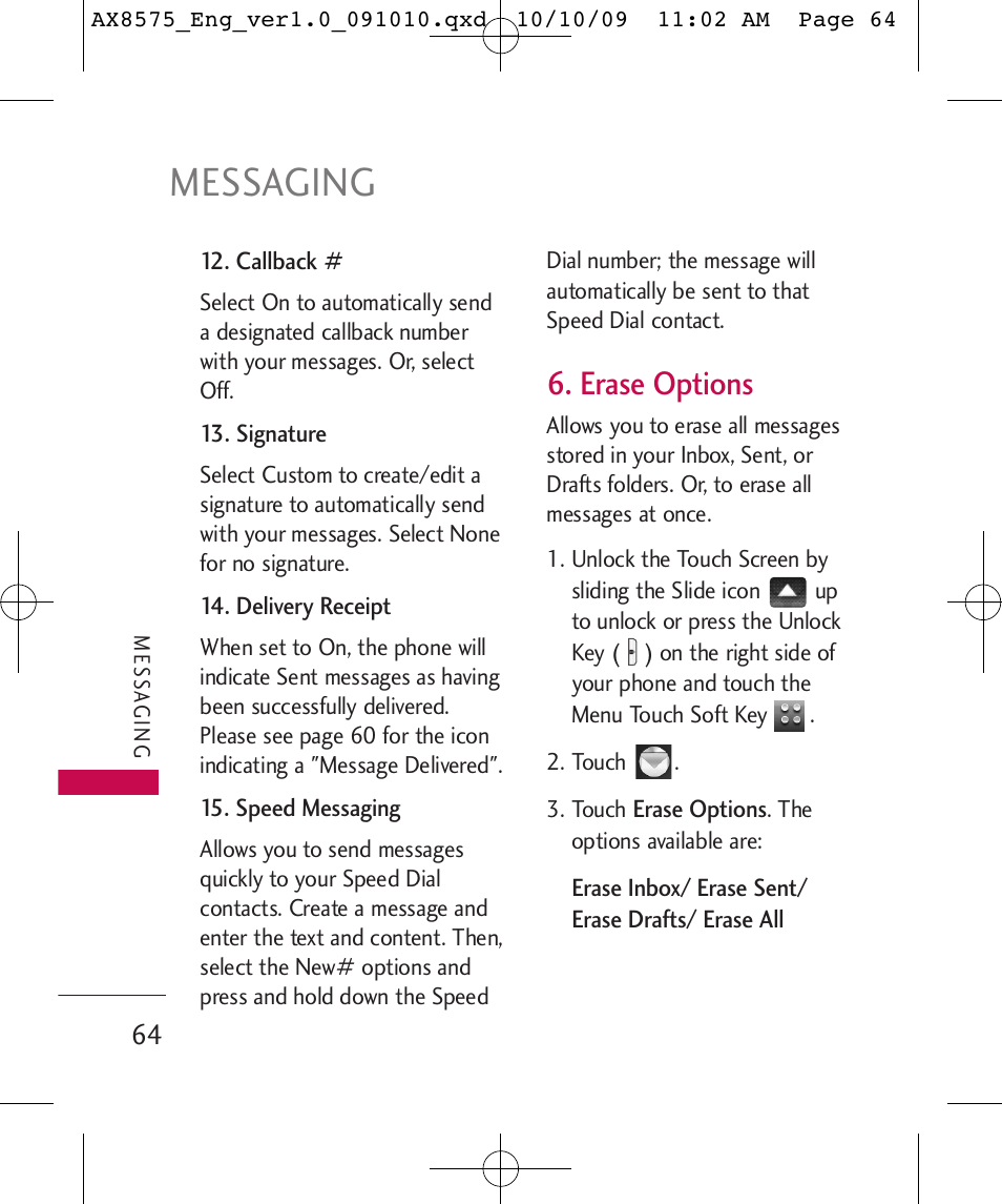 Messaging, Erase options | LG LGAX8575 User Manual | Page 66 / 381