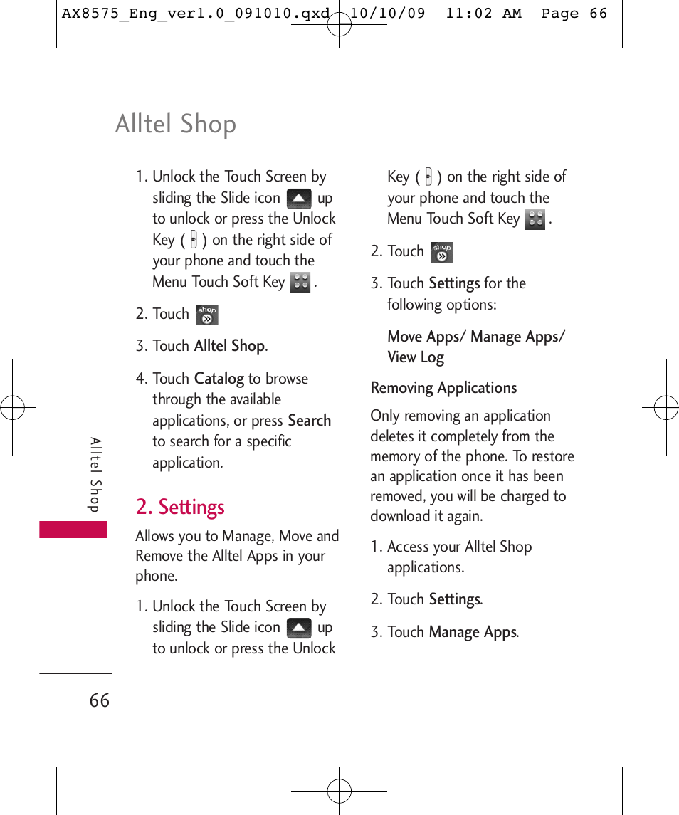 Alltel shop, Settings | LG LGAX8575 User Manual | Page 68 / 381