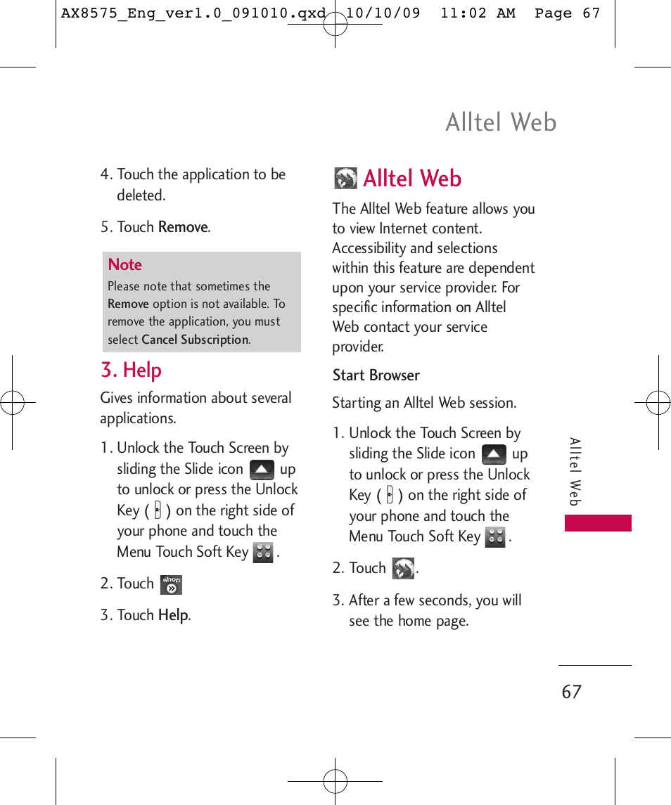 Alltel web, Help | LG LGAX8575 User Manual | Page 69 / 381