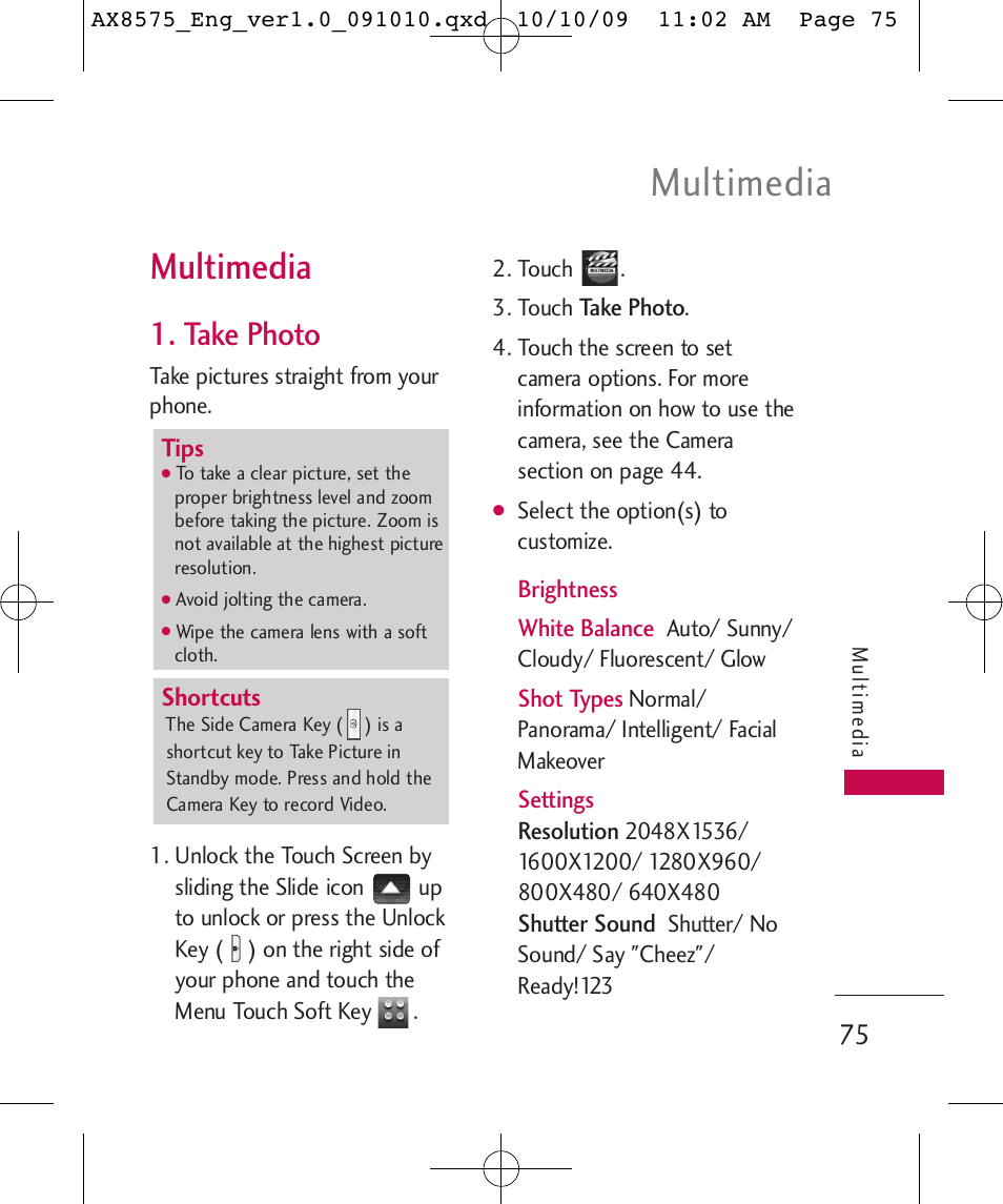 Multimedia, Take photo | LG LGAX8575 User Manual | Page 77 / 381