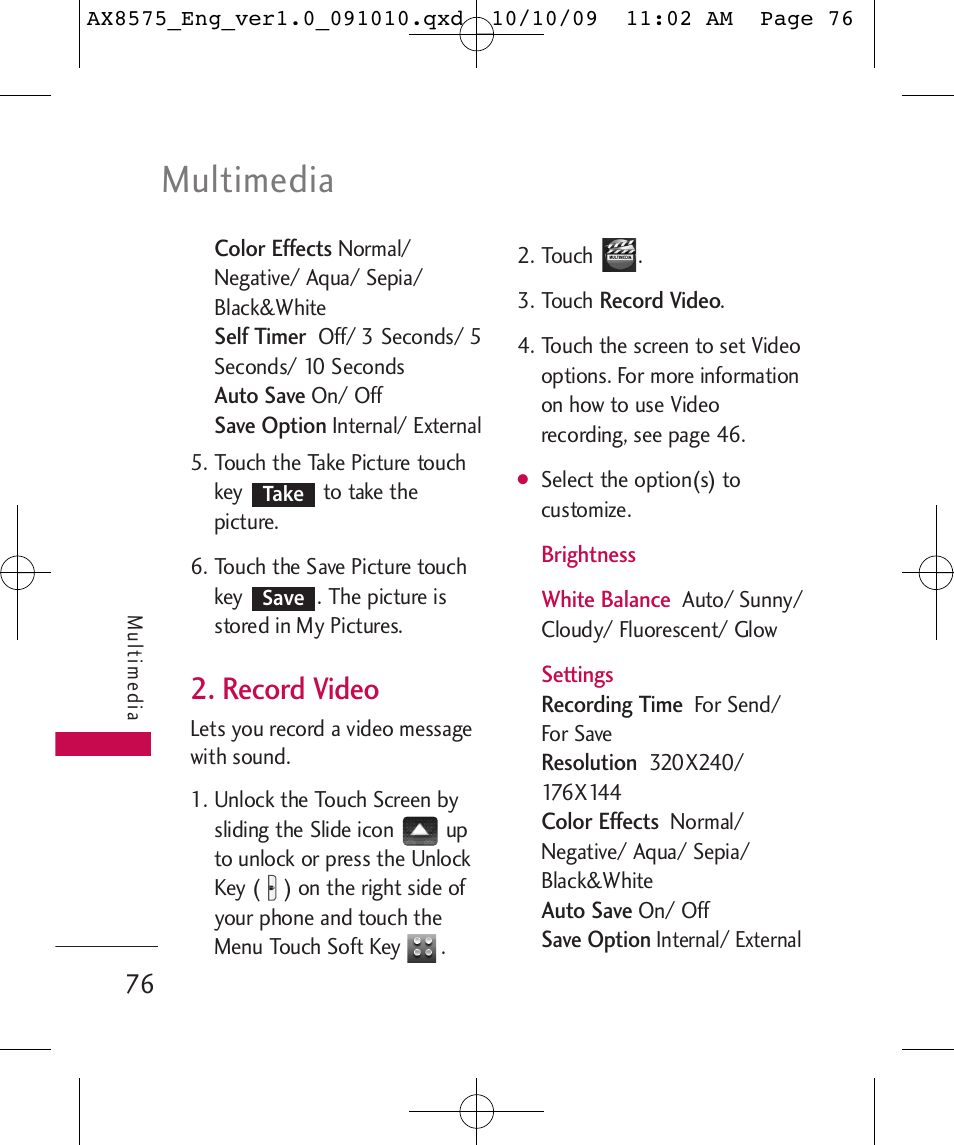 Multimedia, Record video | LG LGAX8575 User Manual | Page 78 / 381