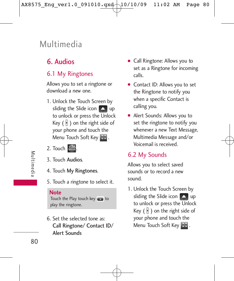 Multimedia, Audios, 1 my ringtones | 2 my sounds | LG LGAX8575 User Manual | Page 82 / 381