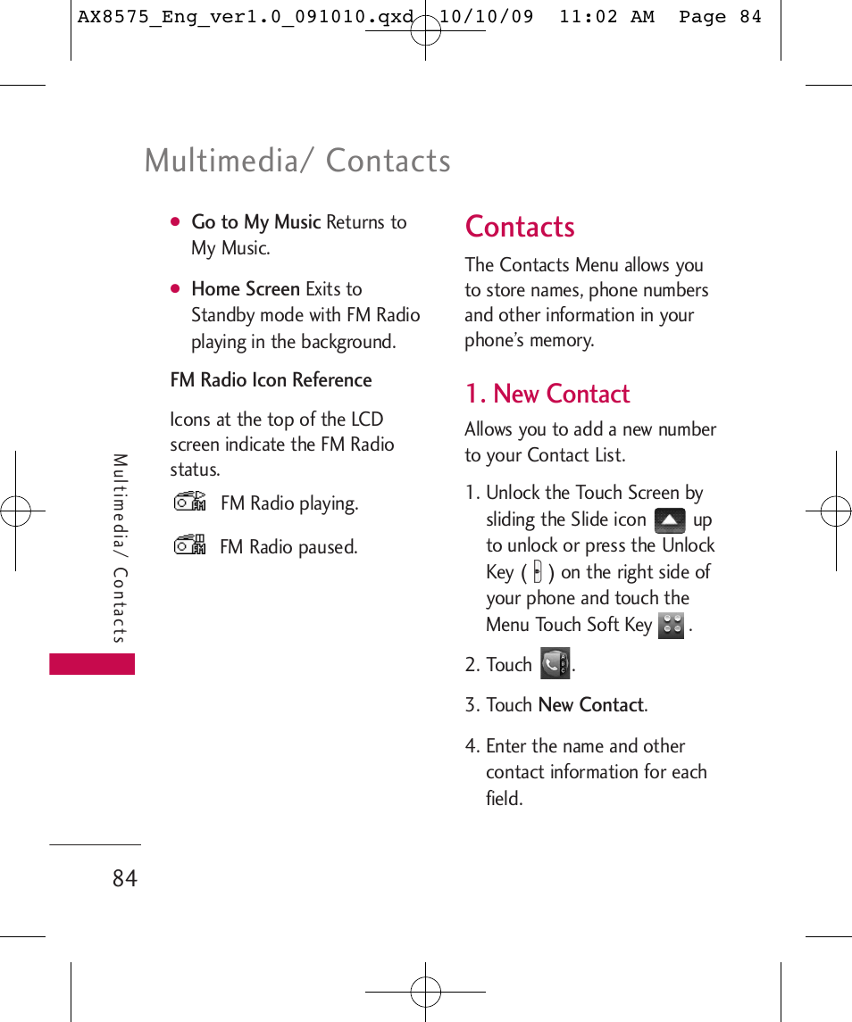 Multimedia/ contacts, Contacts, New contact | LG LGAX8575 User Manual | Page 86 / 381