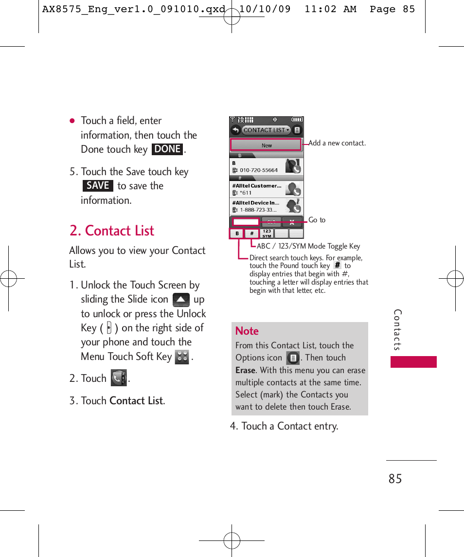 Contact list | LG LGAX8575 User Manual | Page 87 / 381