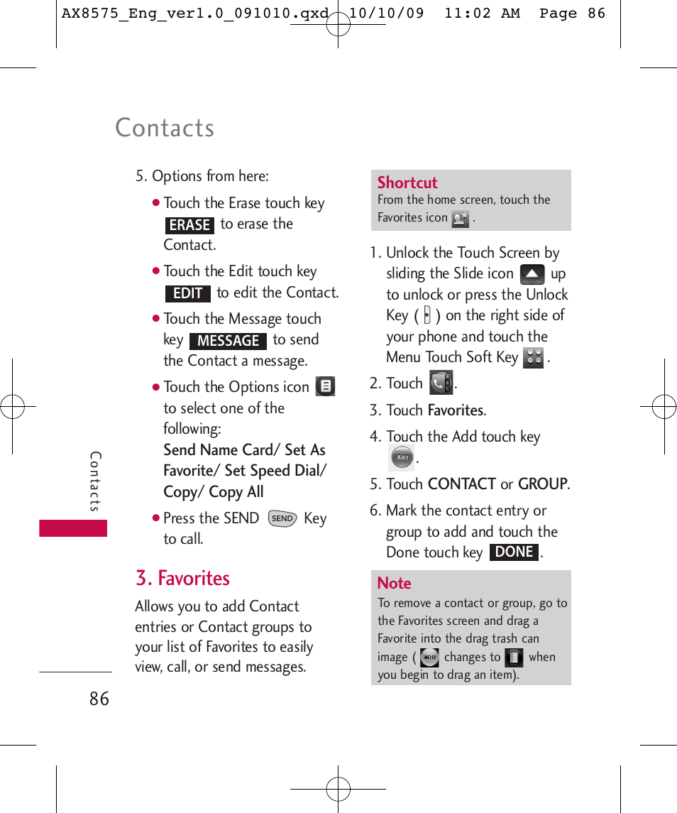 Contacts, Favorites | LG LGAX8575 User Manual | Page 88 / 381