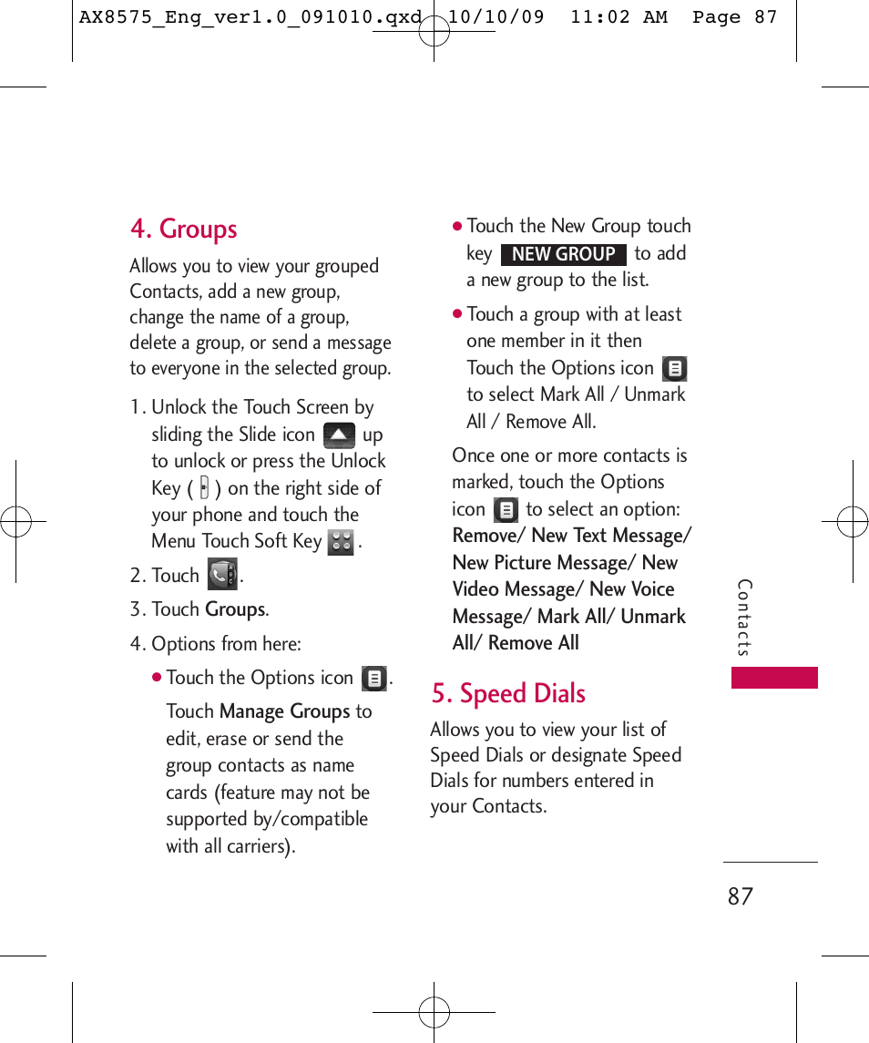 Groups, Speed dials | LG LGAX8575 User Manual | Page 89 / 381