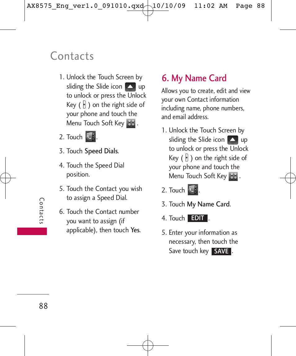 Contacts, My name card | LG LGAX8575 User Manual | Page 90 / 381