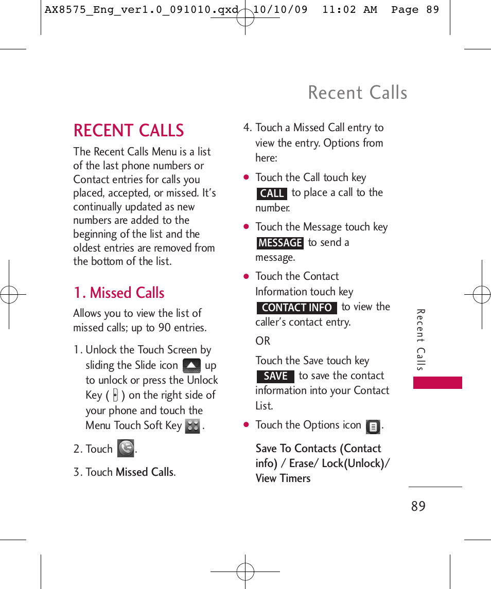 Recent calls, Missed calls | LG LGAX8575 User Manual | Page 91 / 381