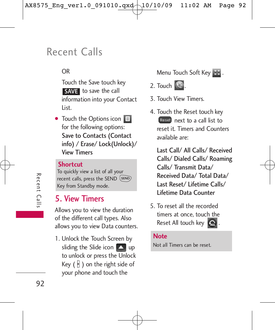 Recent calls, View timers | LG LGAX8575 User Manual | Page 94 / 381